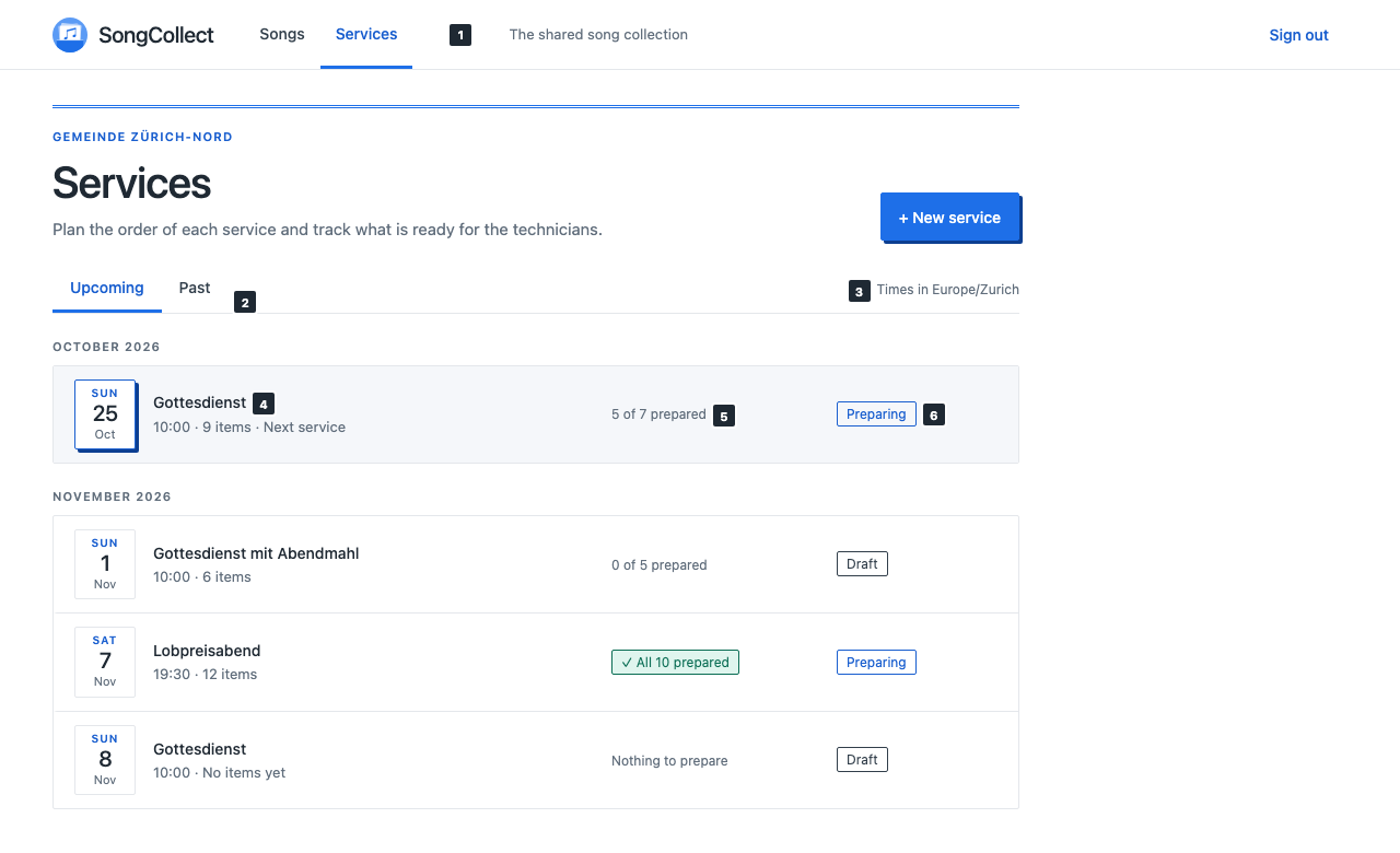 Services list with upcoming services grouped by month