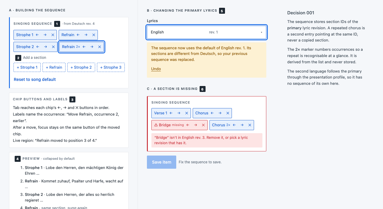 Sequence editor: building with repeats, switching the primary lyrics, and a missing section
